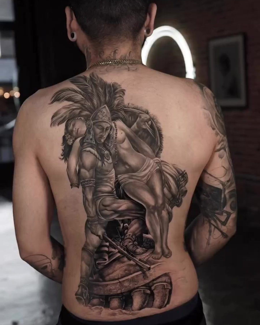 Full back piece Aztec warrior tattoo